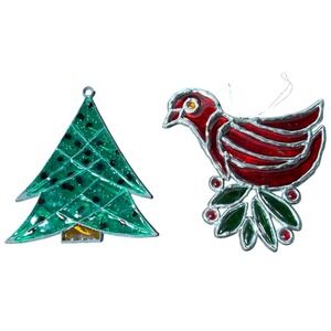 Set/2 Faux Stained Glass Christmas Ornaments Tree Dove Red Green Holiday Decor